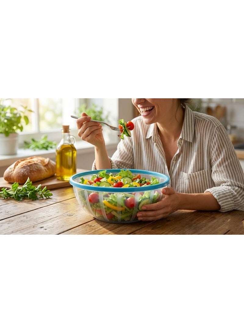 Large Clear Plastic Salad & Serving Bowl with Blue Rim - Striped Design Mixing Bowl for Fruits, Snacks, and Popcorn - Cyan Blue - Image 3